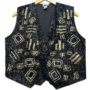 Effeci Womens Evening Party Sequin Vest Button Front Size L Black Gold Geometric